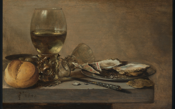 Still life with a Bread Roll, a Roemer and a lying Berkemeyer, a Plate of Olives, a Knife, Oysters with Pepper and Salt on a Pewter Dish atop a Table by Pieter Claesz