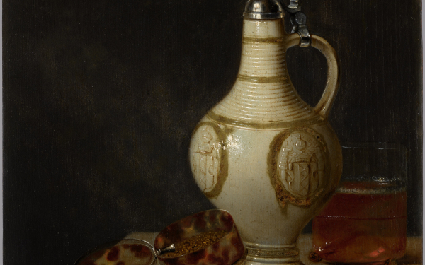Still Life with an Earthenware Jug, a Tortoise Shell Tobacco Box, a ‘Gouda’ Pipe, a Glass of Beer and Tobacco Smoking Implements by Jan Jansz. van de Velde