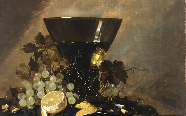 Still Life with a Roemer, Chestnuts, a Lemon and Grapes on a Table Ledge by Jacques de Claeuw